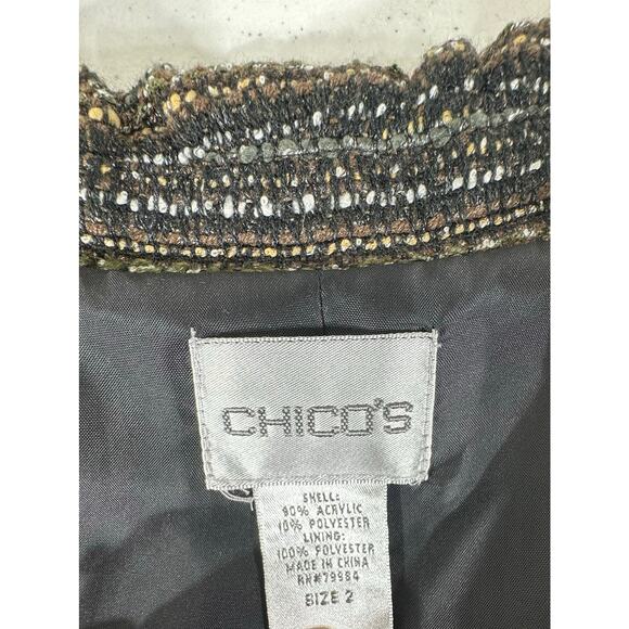Chicos 3-Button Blazer Jacker Size 2 or 12 Large Black Olive Variegated Tweed - Picture 3 of 7